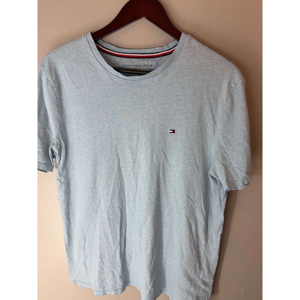 Tommy Hilfiger Mens Light Blue Heathered Short Sleeve Flag Logo T-Shirt Size M